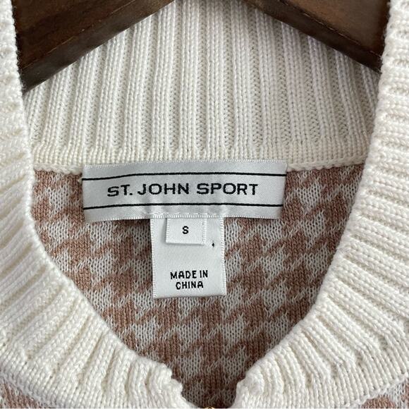 St. John Sport | Women’s Houndstooth Oversized Zip-Up Cardigan Jacket Dolman Tan - Picture 2 of 8